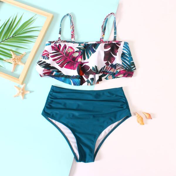 

Tropical Ruffle Hem Ruched Bikini Swimsuit, Multicolor
