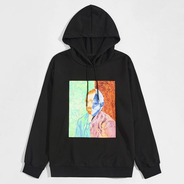 

Men Figure Graphic Drawstring Hoodie, Black