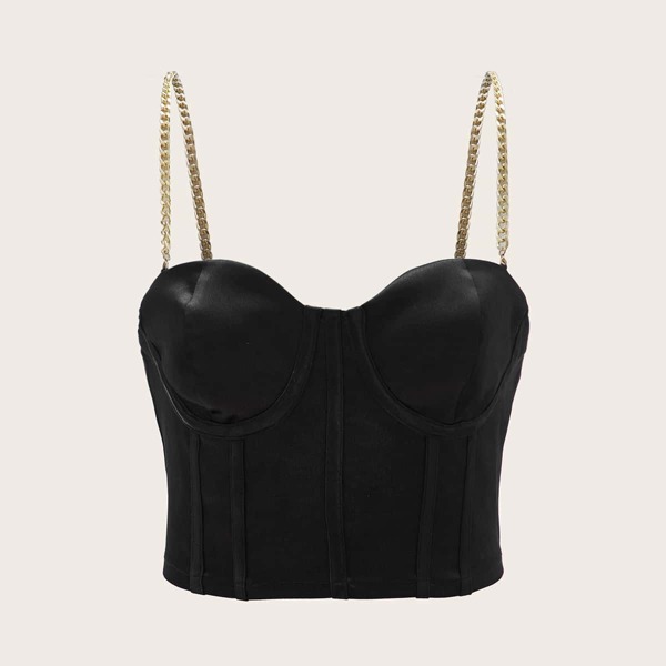 

Binding Detail Satin Bustier Cami Top With Chain Strap, Black