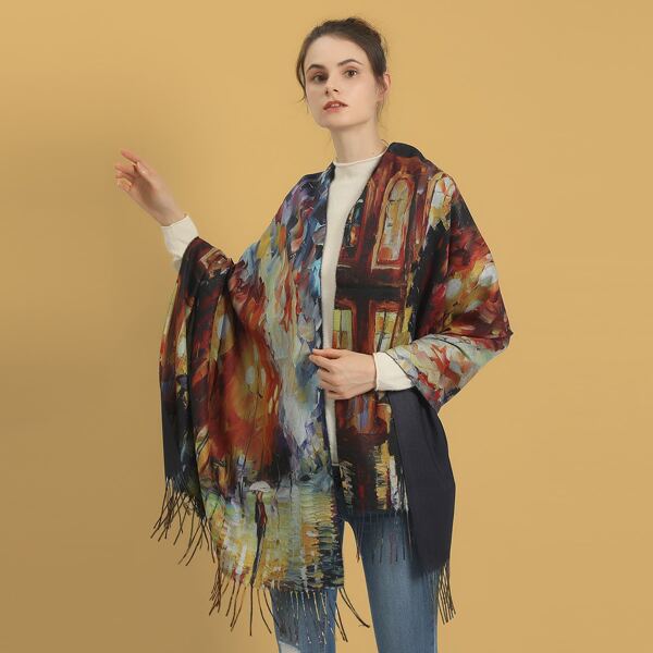 

Fringe Hem Oil Painting Scarf, Multicolor