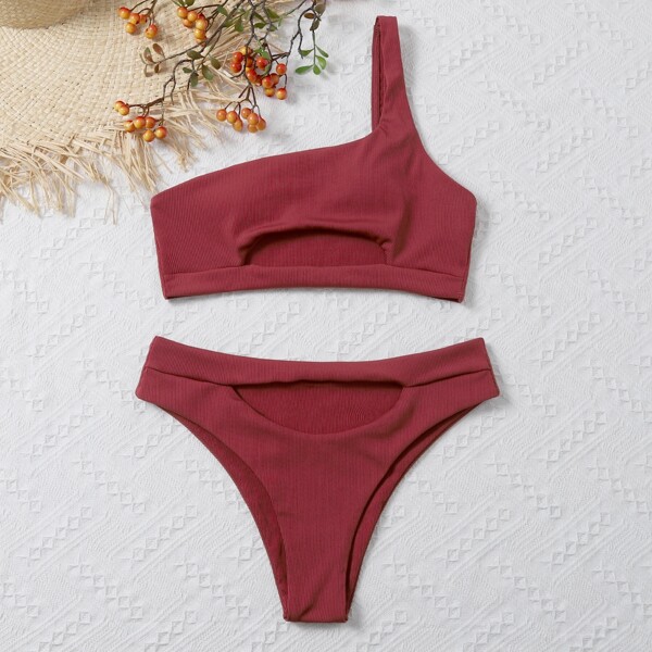 

Rib Cut-out One Shoulder Bikini Swimsuit, Burgundy