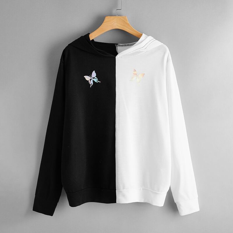 

Colorblock Butterfly Print Sweatshirt, Black and white