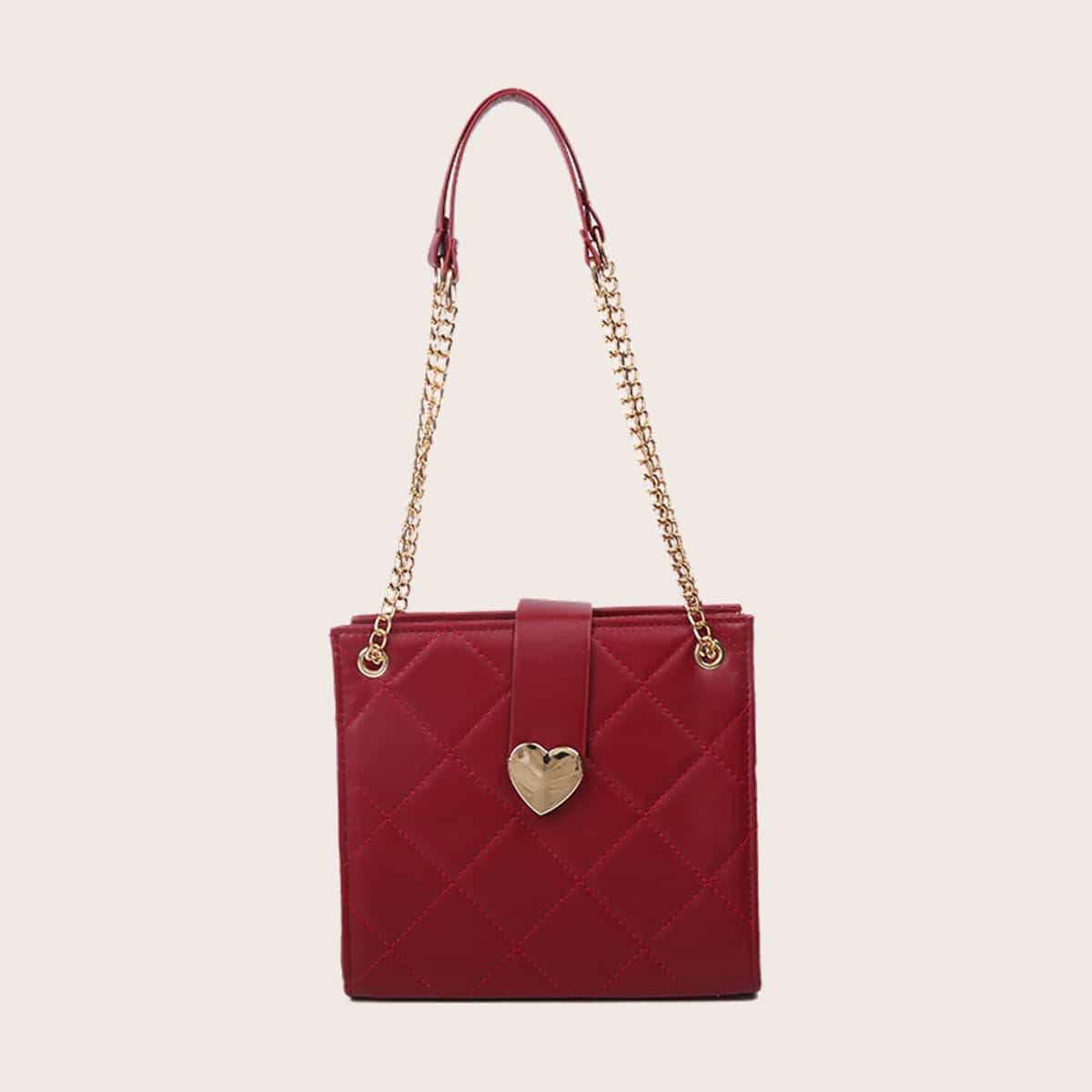

Heart Quilted Chain Crossbody Bag, Rose red