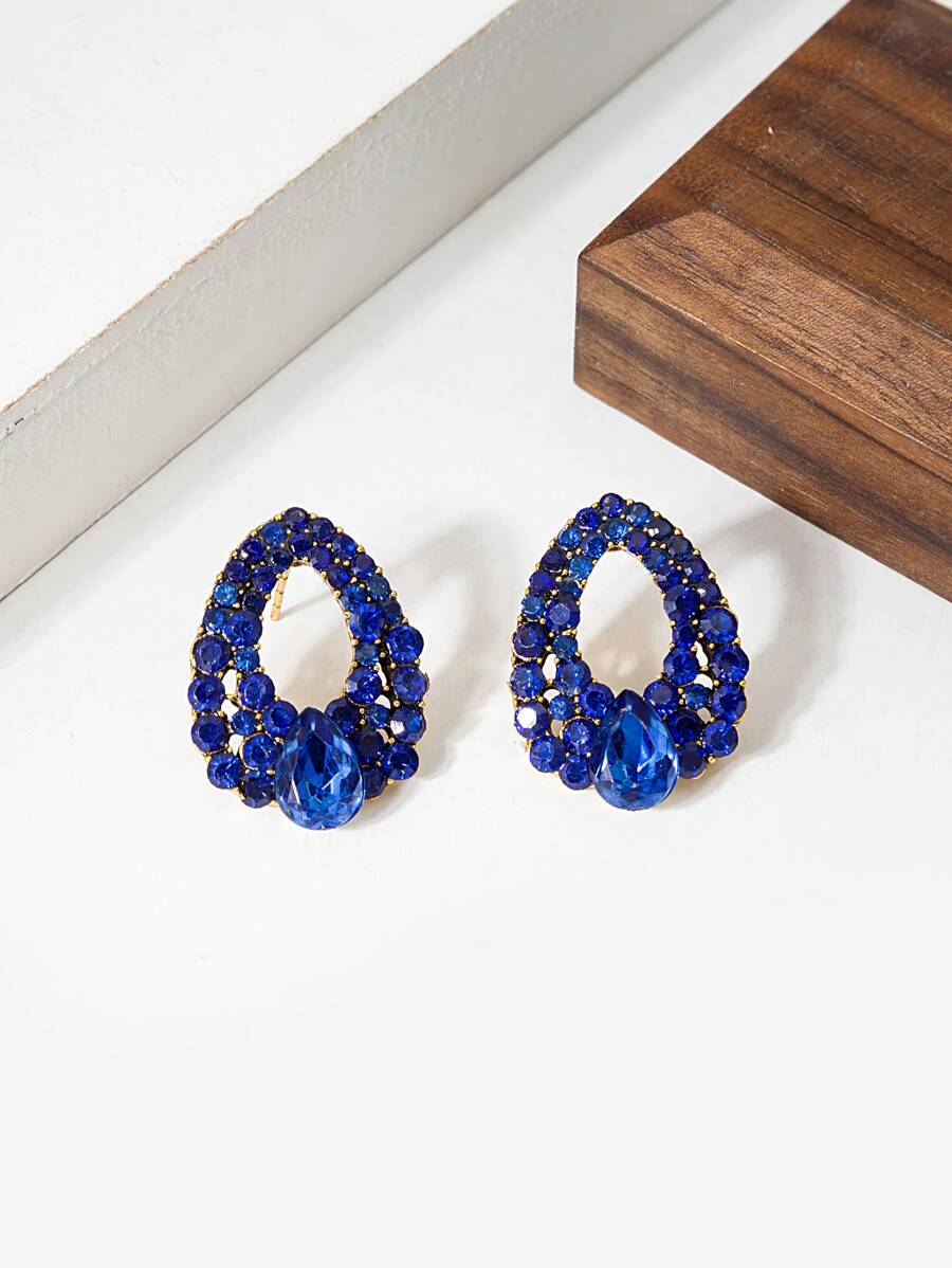 Rhinestone Decor Water Drop Design Stud Earrings - Blue - View 1
