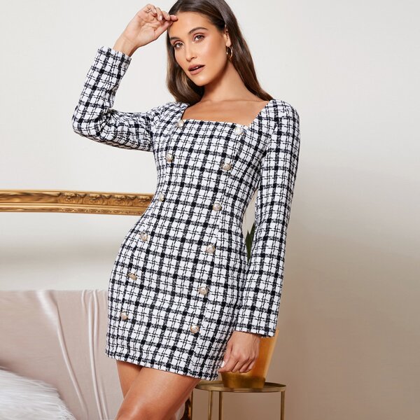 

Square Neck Double Button Plaid Tweed Dress, Black and white