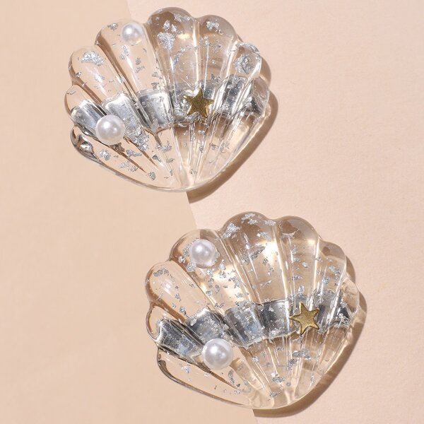 

2pcs Faux Pearl Decor Shell Design Hair Clip, Clear