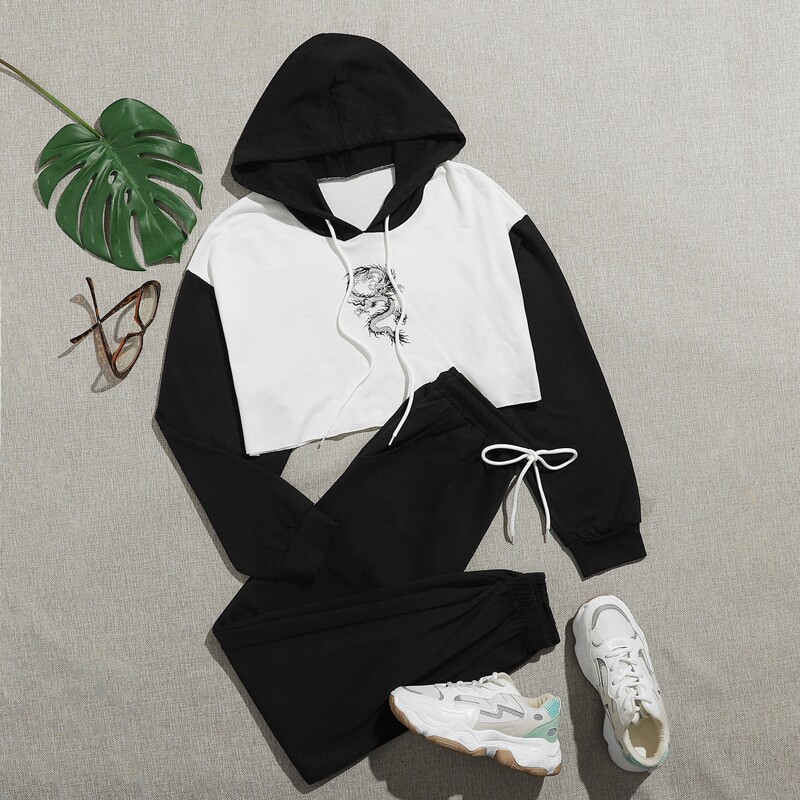

Chinese Dragon Graphic Colorblock Hoodie & Sweatpants, Black and white