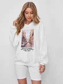 SHEIN Drop Shoulder Letter and Picture Print Hoodie & Biker Shorts Set - White - View 1