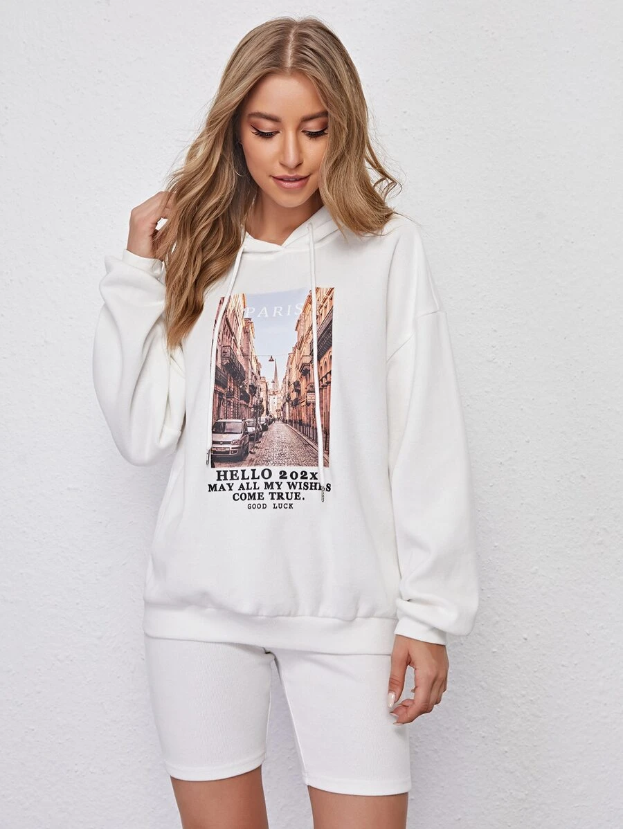 SHEIN Drop Shoulder Letter and Picture Print Hoodie & Biker Shorts Set - White - View 1