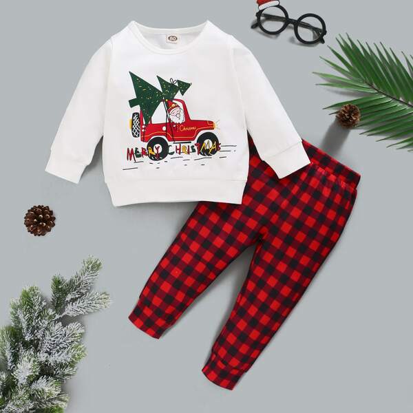 

Baby Boy Christmas Print Sweatshirt With Gingham Print Sweatpants, Multicolor