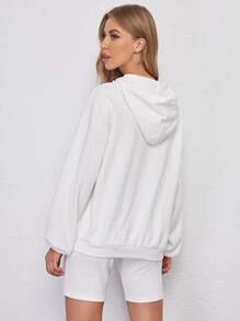 SHEIN Drop Shoulder Letter and Picture Print Hoodie & Biker Shorts Set - White - View 2