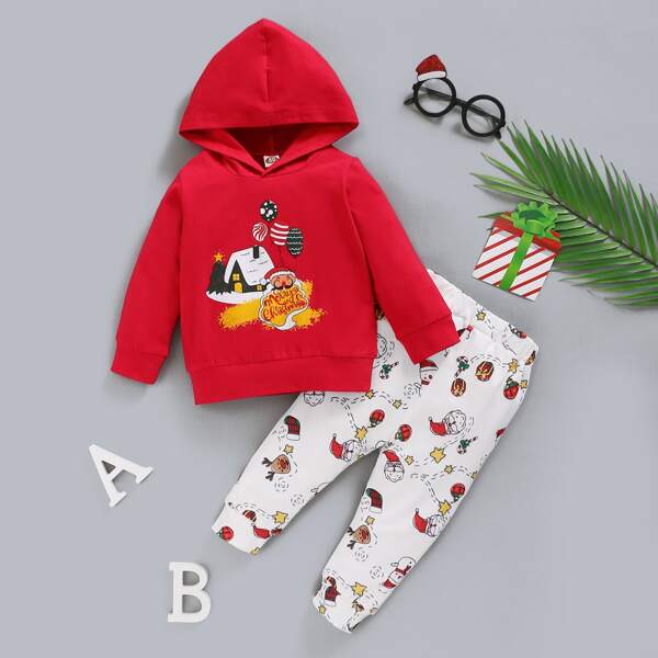 

Baby Boy Christmas Slogan And Cartoon Graphic Hoodie With Sweatpants, Red and white