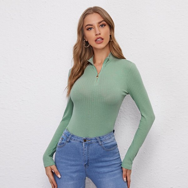 

Rib-knit Solid Half Placket Tee, Mint green