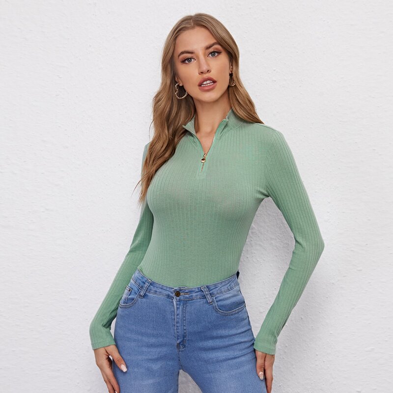 

Rib-knit Solid Half Placket Tee, Mint green