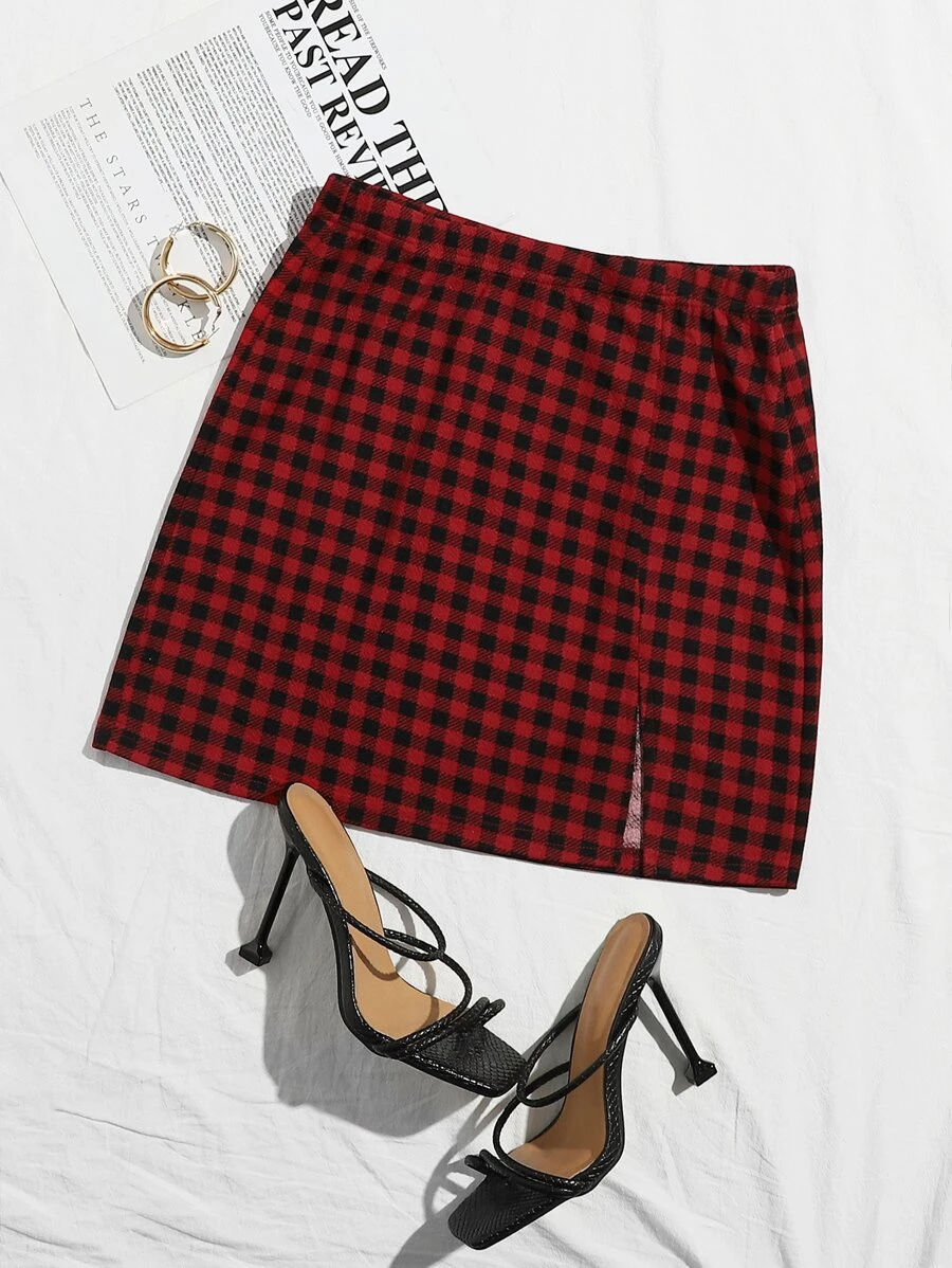 SHEIN EZwear Split Hem Gingham Skirt - Multicolor - View 1