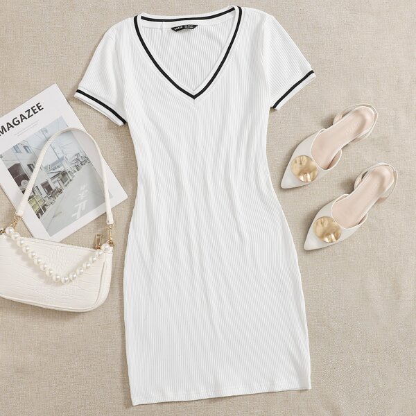

Ribbed Varsity Striped Mini Bodycon Dress, White