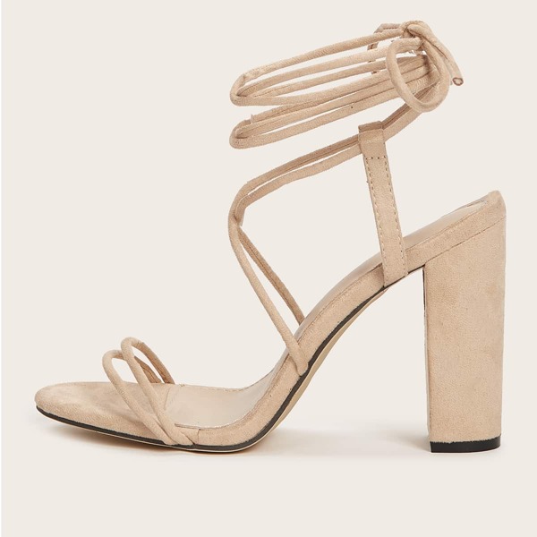 

Thin Strap Tie Leg Chunky Heeled Sandals, Apricot