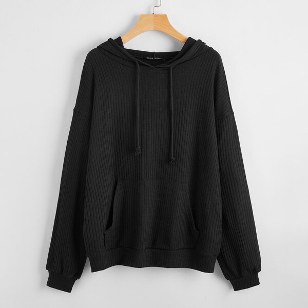 

Drop Shoulder Patch Pocket Rib-knit Drawstring Hoodie, Black