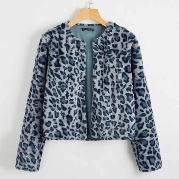 

Open Front Faux Fur Coat, Dusty blue