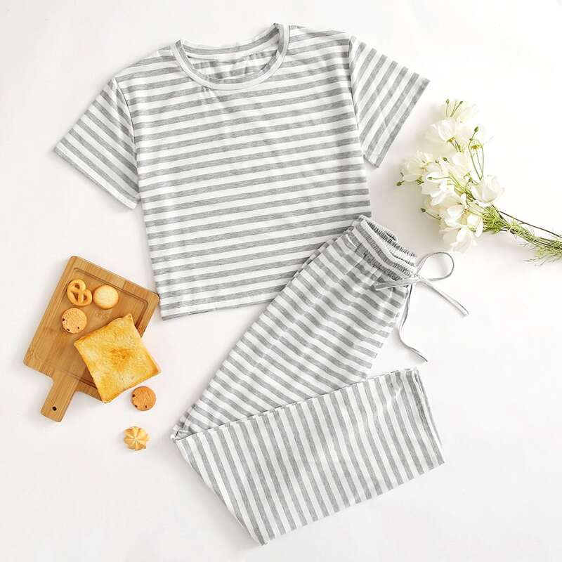 

Striped Tee & Pants PJ Set, Light grey