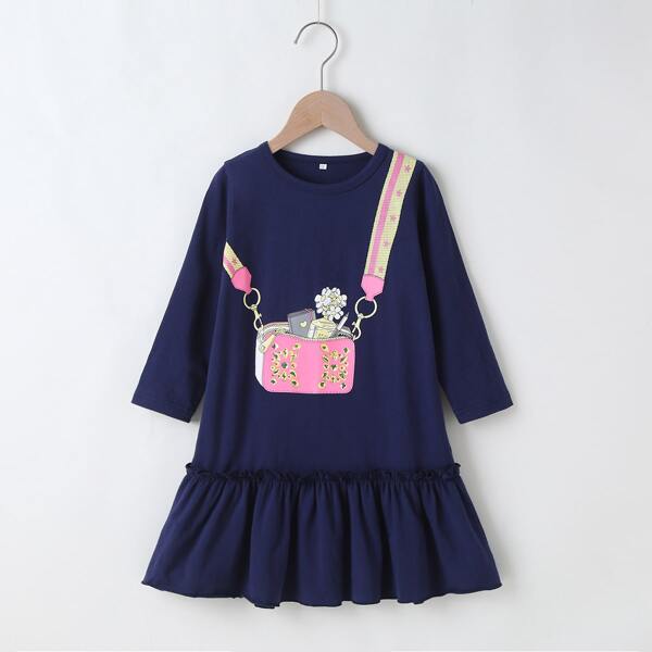 

Toddler Girls Bag Print Ruffle Hem Smock Dress, Navy blue