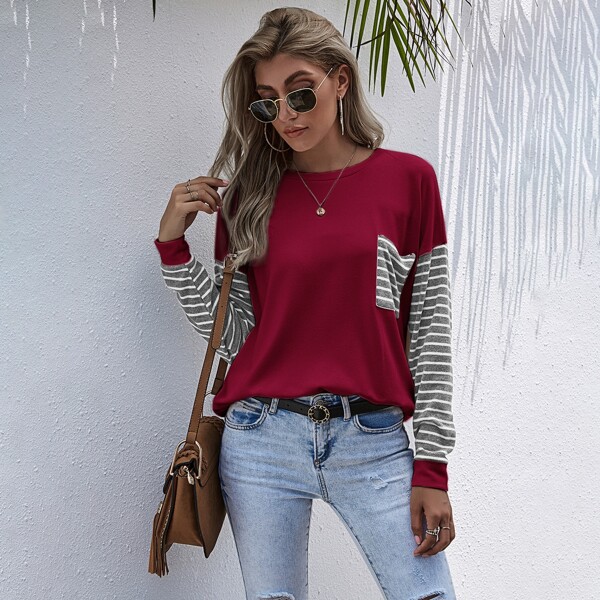 

Colorblock Striped Pocket Front Sweatshirt, Rose red