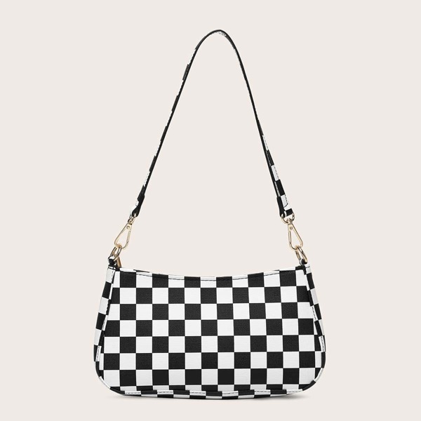 

Plaid Baguette Bag, Black and white