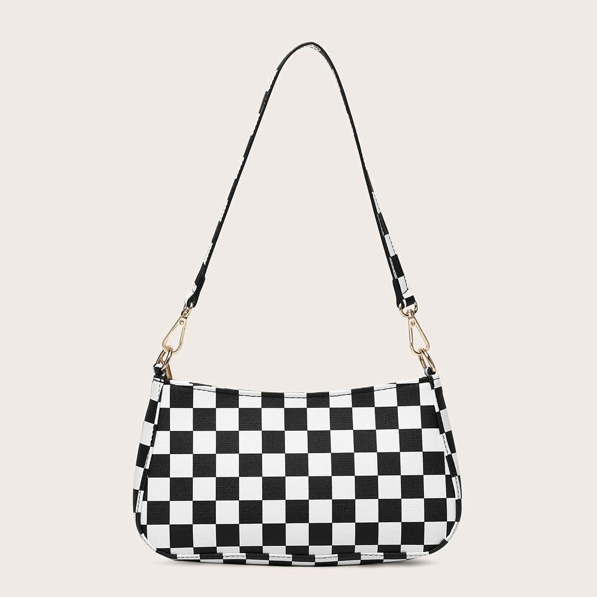 

Plaid Baguette Bag, Black and white