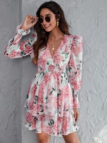 SHEIN Privé Surplice Neck Shirred Panel Wide Waistband Layered Dress - Multicolor - View 3