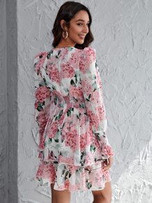 SHEIN Privé Surplice Neck Shirred Panel Wide Waistband Layered Dress - Multicolor - View 2