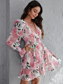 SHEIN Privé Surplice Neck Shirred Panel Wide Waistband Layered Dress - Multicolor - View 1