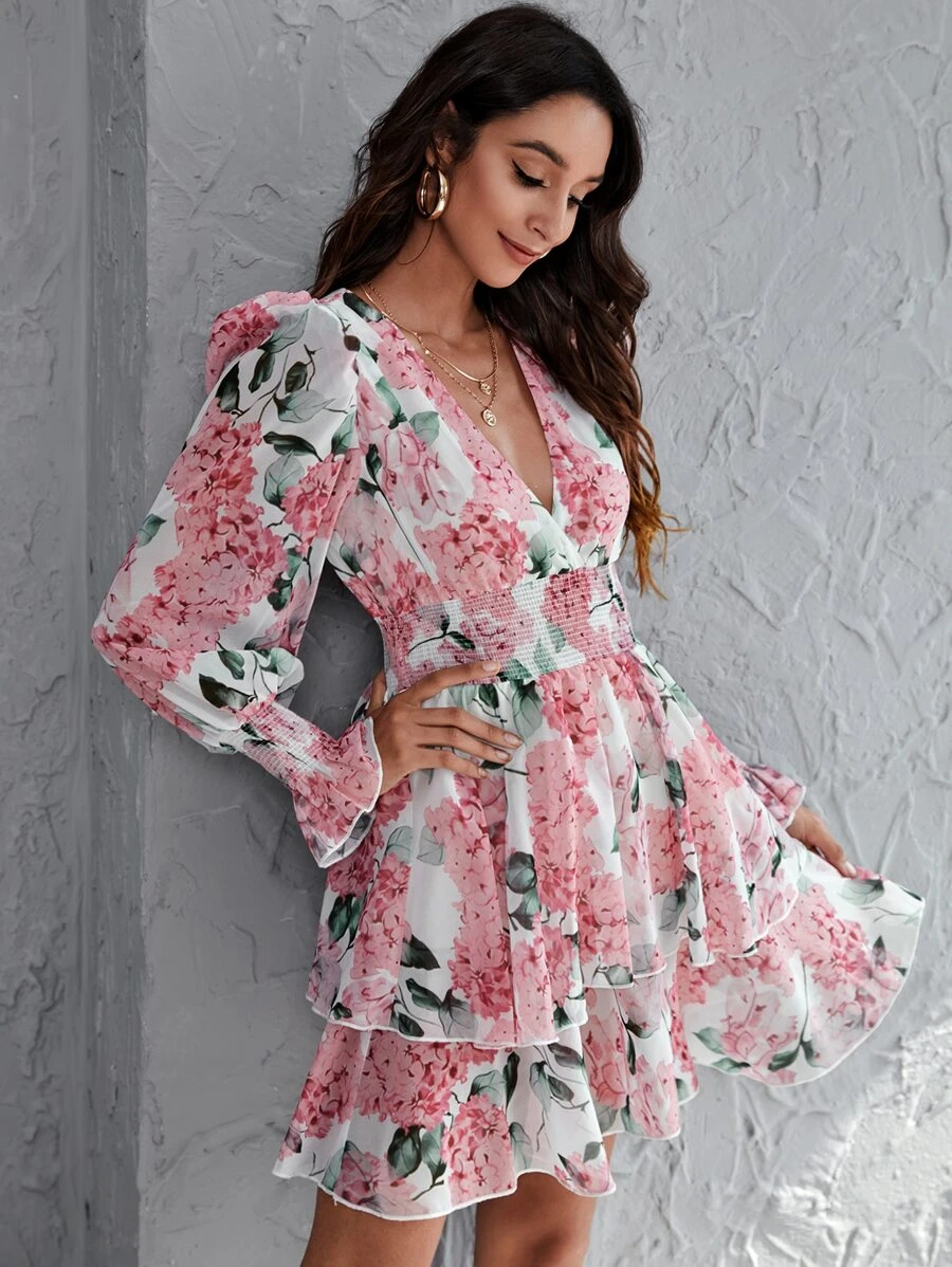 SHEIN Privé Surplice Neck Shirred Panel Wide Waistband Layered Dress - Multicolor - View 1