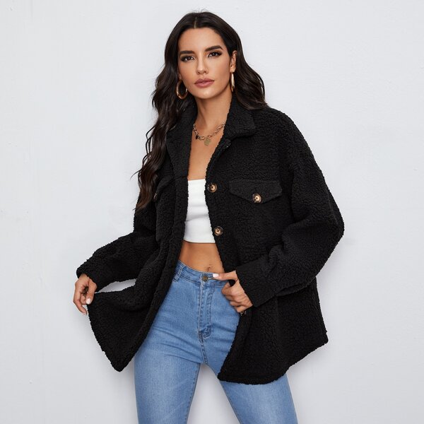 

Pocket Front Drop Shoulder Teddy Coat, Black