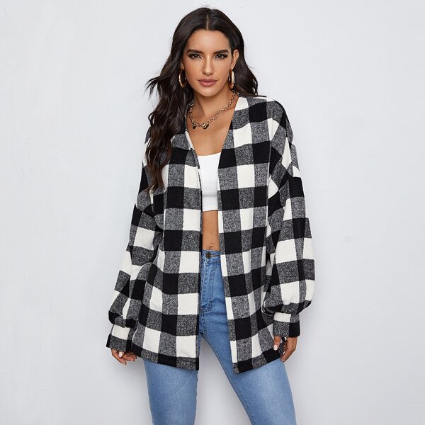 

Bishop Sleeve Open Front Gingham Coat, Black and white