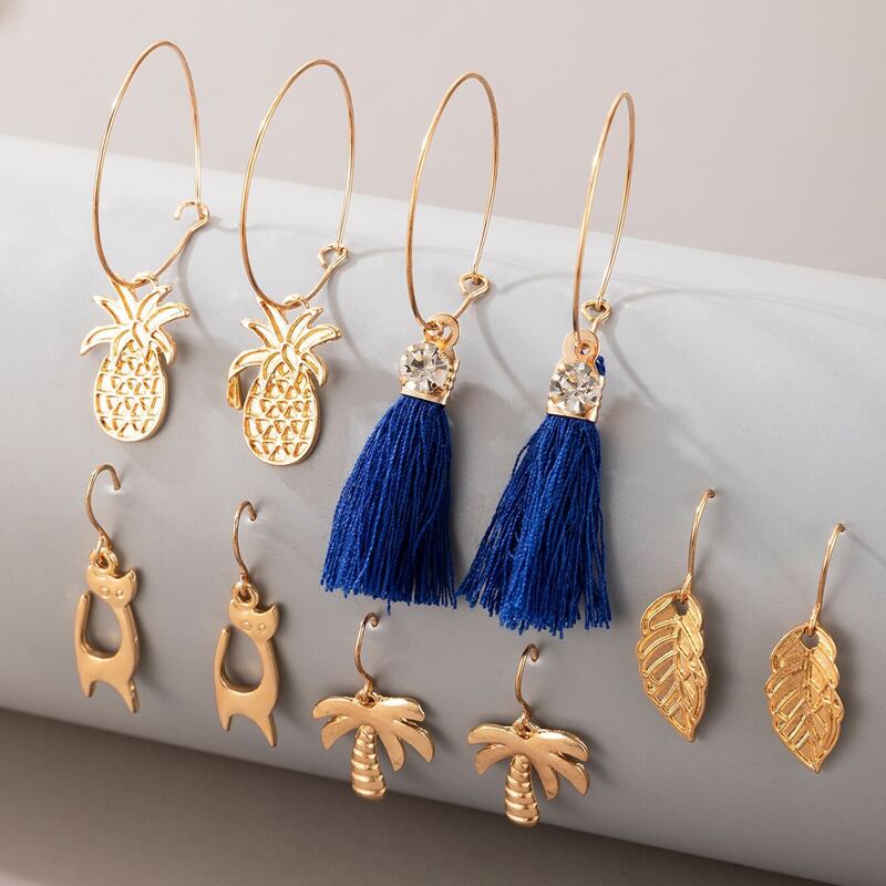 

5pairs Tassel & Tree Charm Drop Earrings, Gold