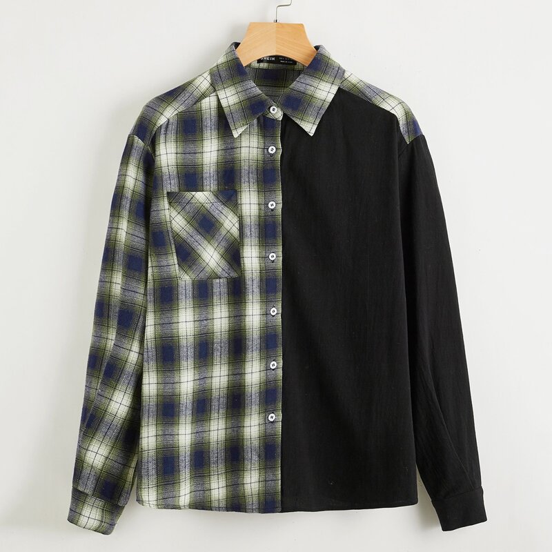 

Pocket Front Spliced Tartan Blouse, Multicolor