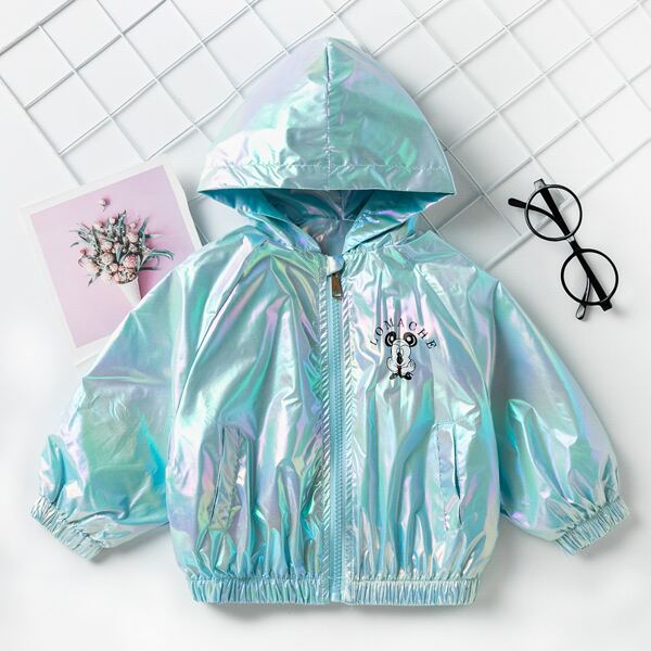 

Toddler Girls Holographic Cartoon Graphic Hooded Jacket, Mint blue