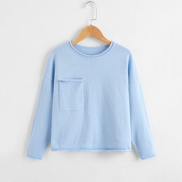 

Girls Pocket Front Raw Hem Sweater, Baby blue