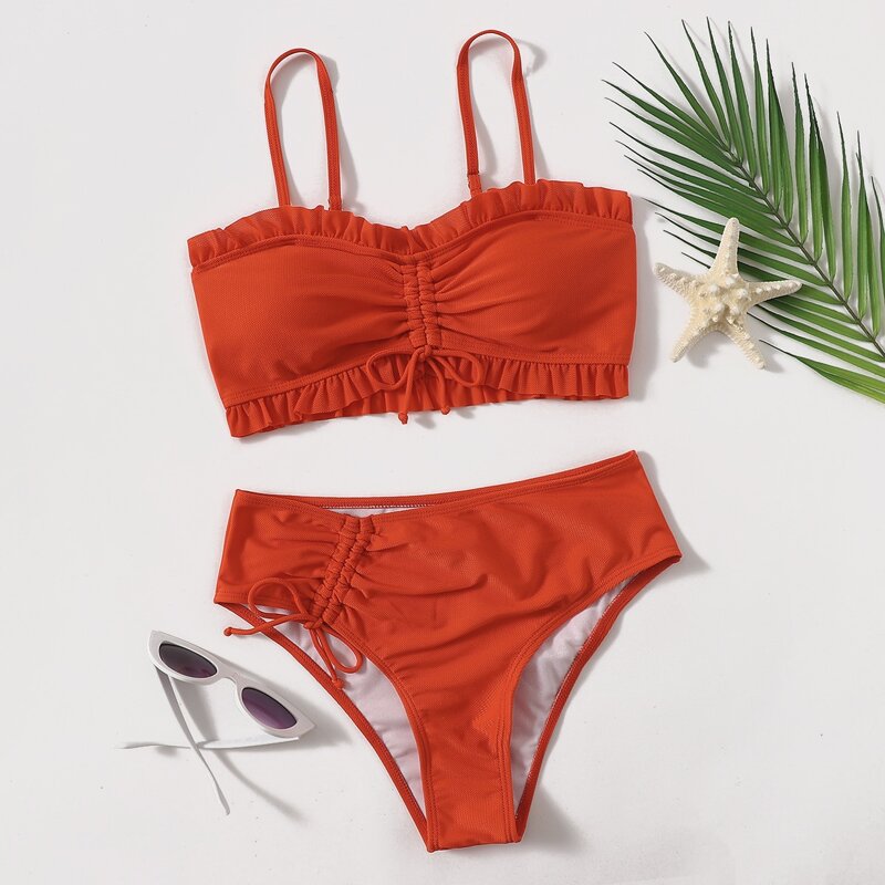 

Frill Trim Drawstring High Waist Bikini Swimsuit, Red