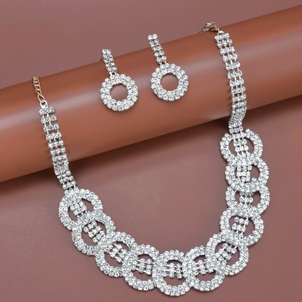 

Gemstone Decor Necklace & Earrings, Silver