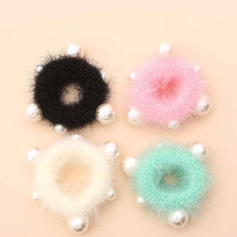

4pcs Faux Pearl Decor Fluffy Hair Tie, Multicolor