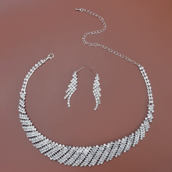

Rhinestone Decor Necklace & Earrings, Silver