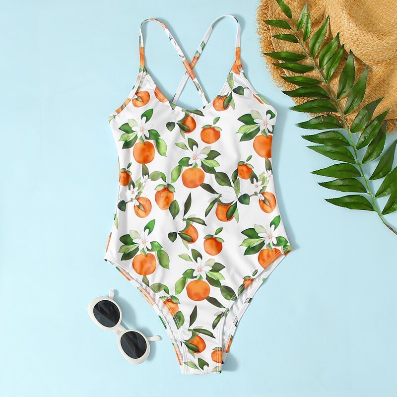 

Orange Print Lace-up One Piece Swimsuit, Multicolor