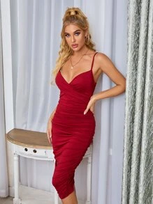 SHEIN Allurite Solid Ruched Bodycon Cami Dress - Burgundy - View 6
