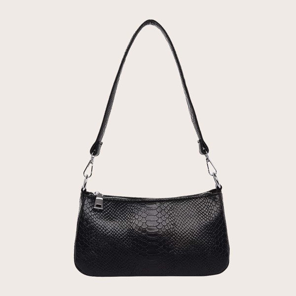 

Snakeskin Print Baguette Bag, Black