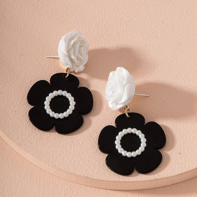 

Flower Charm Drop Earrings, Black and white