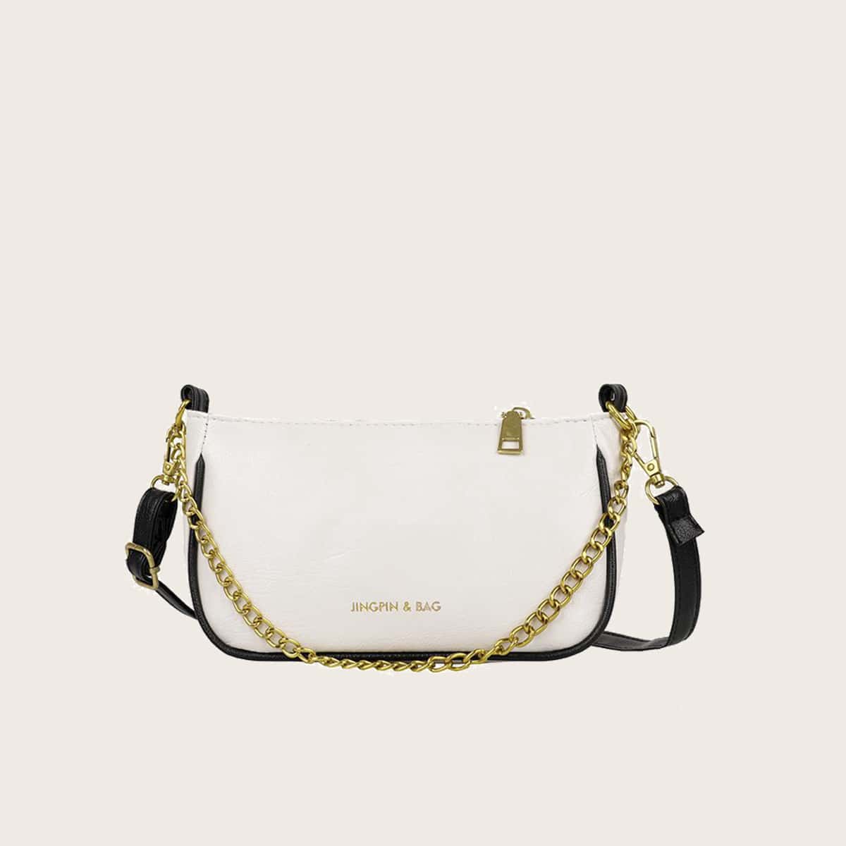 

Colorblock Chain Baguette Bag, Black and white