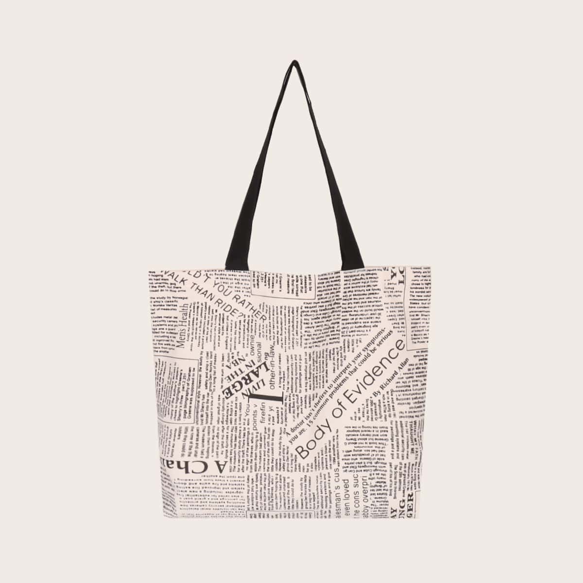 

Newspaper Graphic Shopper Bag, Beige