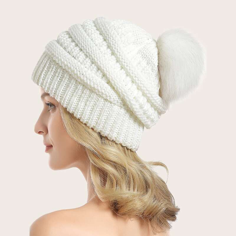 

Pom Pom Decor Knit Beanie, White