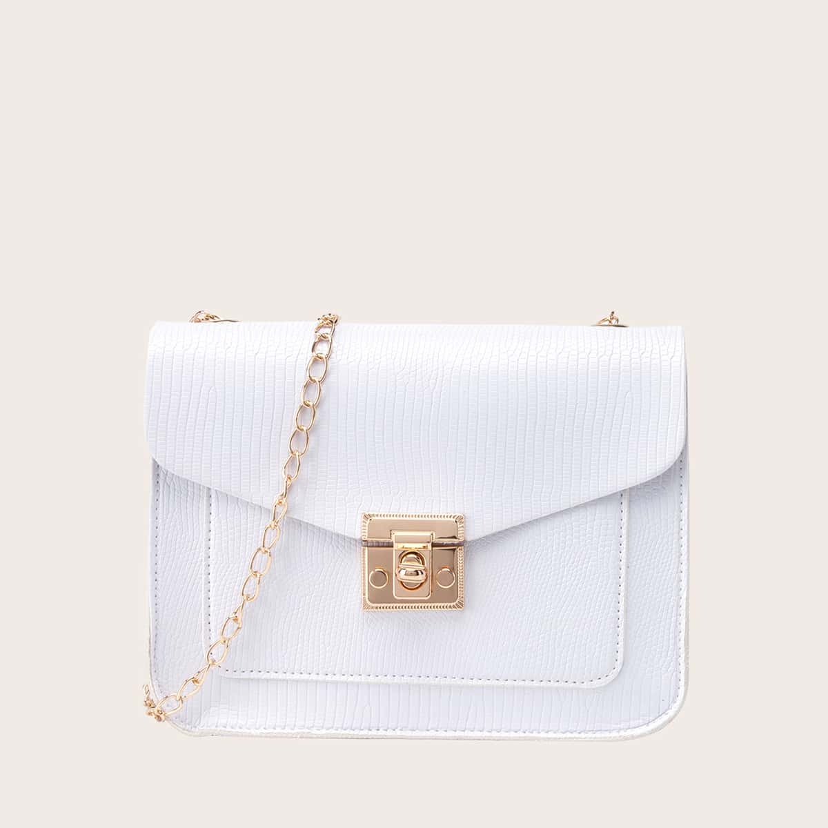 Lizard Print Twist Lock Flap Crossbody Bag, White